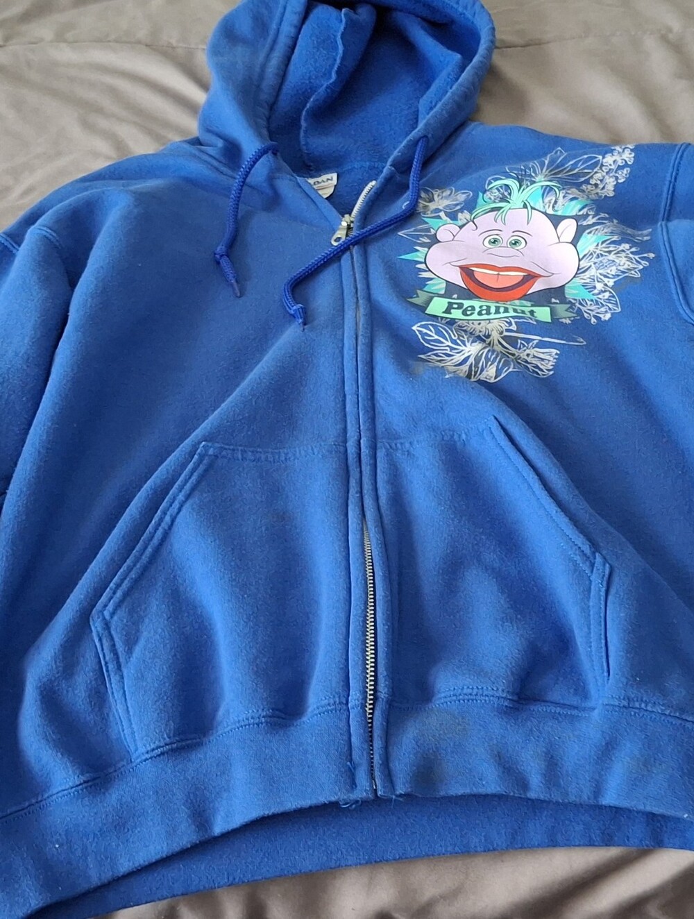 Gildan Blue Zip Hoodie with Peanut Cartoon Face Graphic